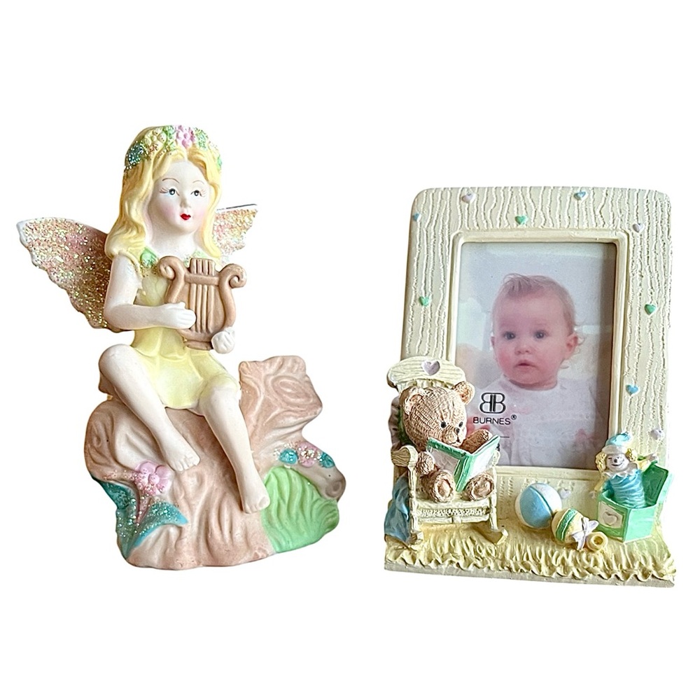 Whimsical Nursery & Fantasy Decor – Teddy Bear Photo Frame & Fairy Figurine